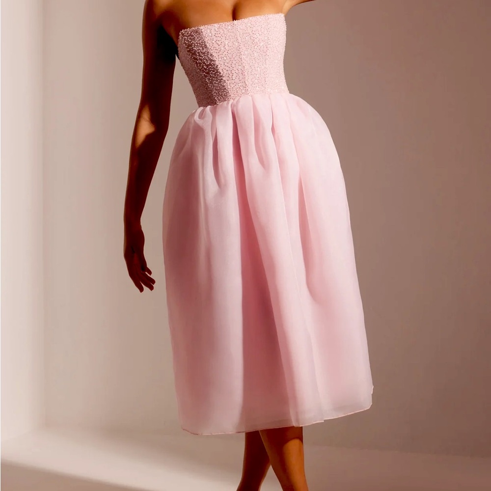 Oh Polly Rosette Embellished Corset Tulle Midi Dress in Blush Pink